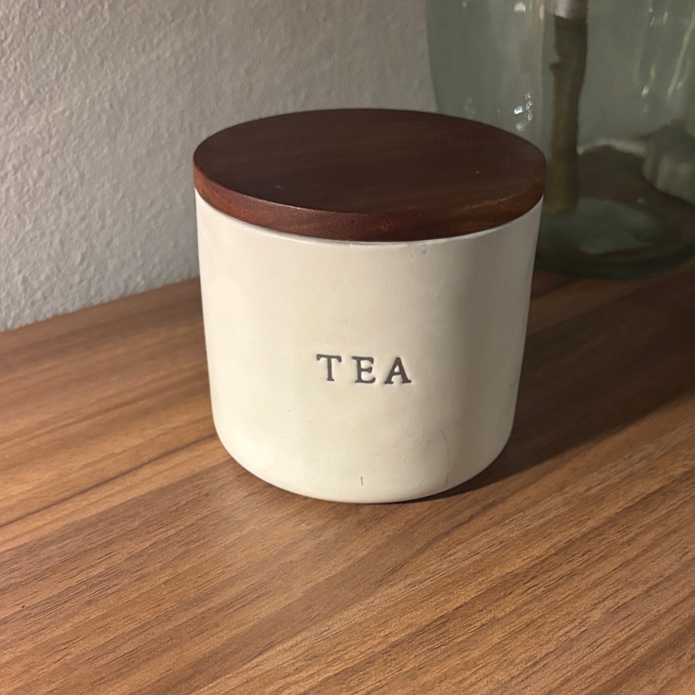 White Ceramic Tea Canister with Wooden Lid